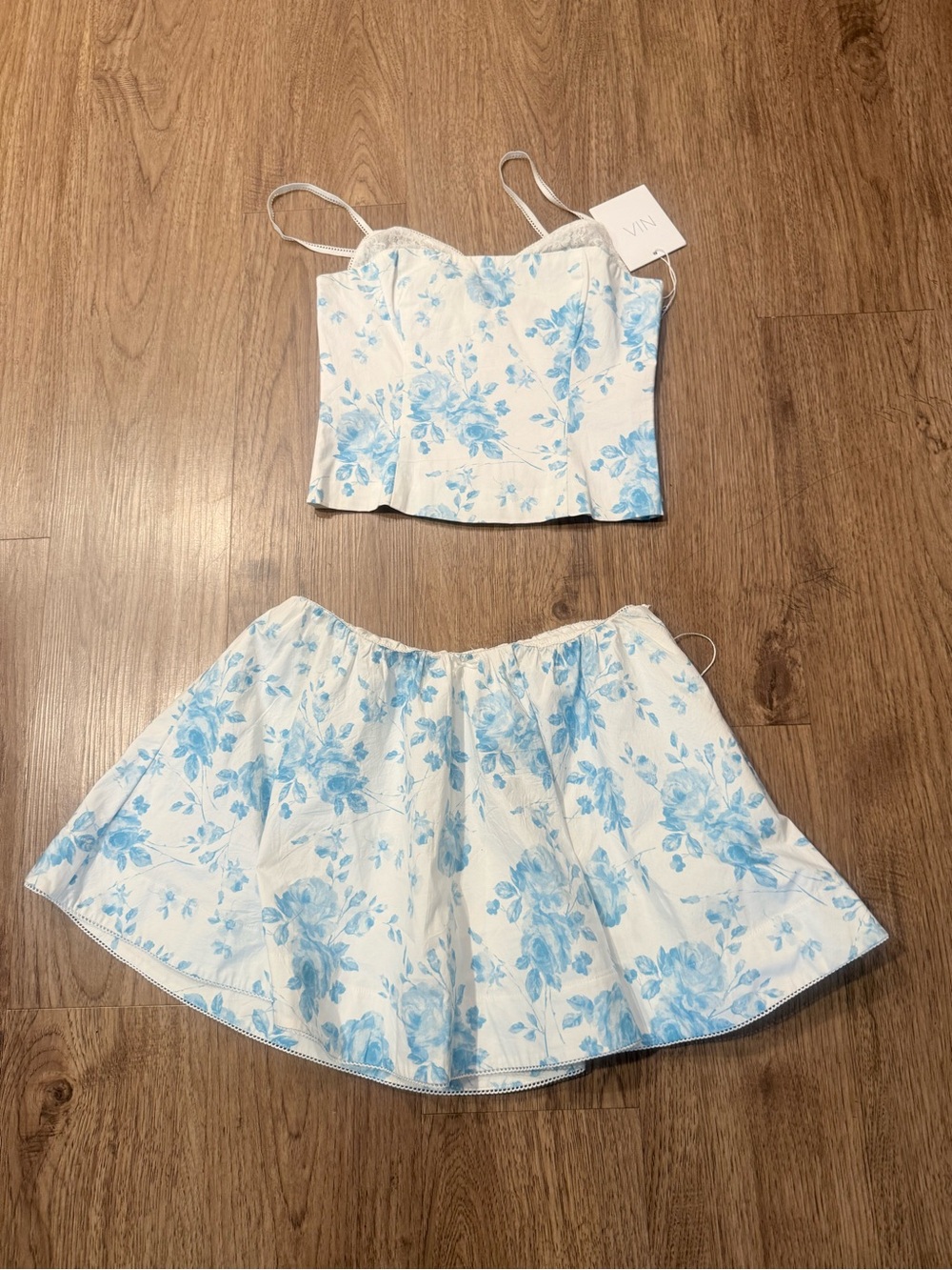 Nia Fremont Top Corset & Matching Blue Floral Mini Skirt Set Size S NWT - Picture 5 of 8